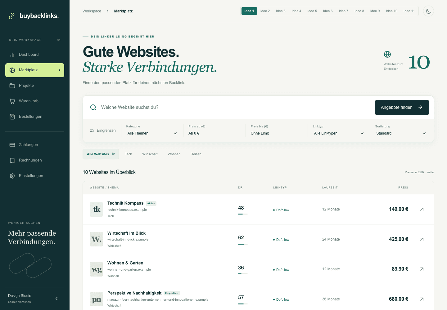 Lokale Designvorschau des Buybacklinks-Marktplatzes mit ausdrücklich beispielhaften Websites und Preisen